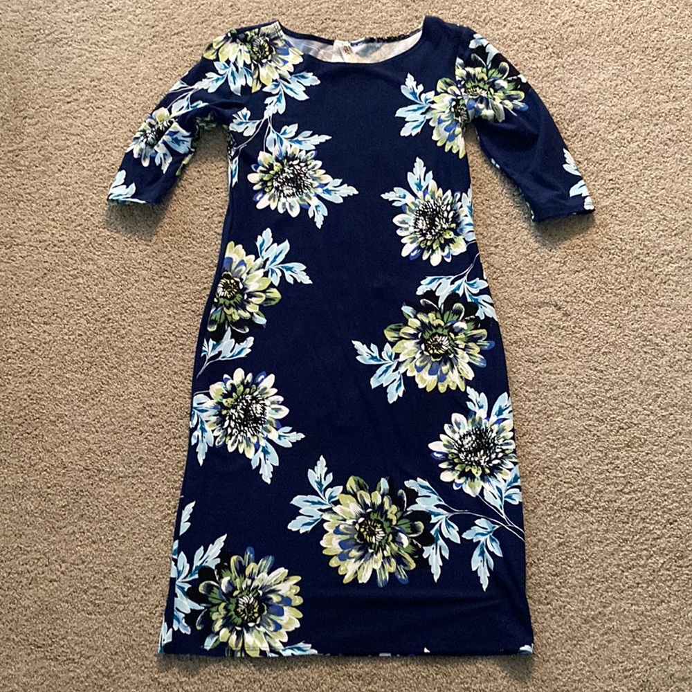 LARA Navy Floral Midi Dress with Blue and Green Blooms